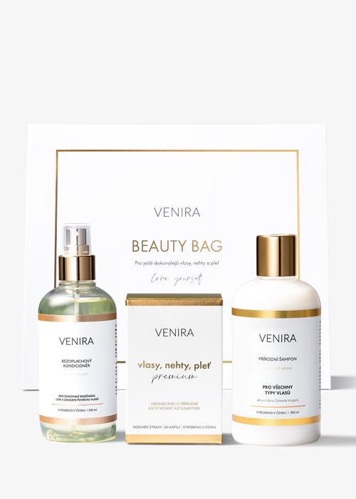 VENIRA beauty bag, PREMIUM kapsle pro vlasy, nehty a pleť + bezoplachový kondicionér + šampon pro všechny typy vlasů