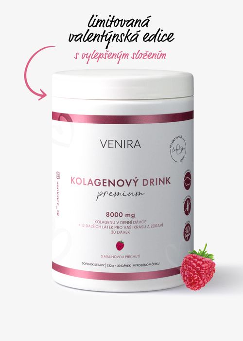 VENIRA PREMIUM kolagenový drink pro vlasy, nehty a pleť, malina, limitovaná valentýnská edice