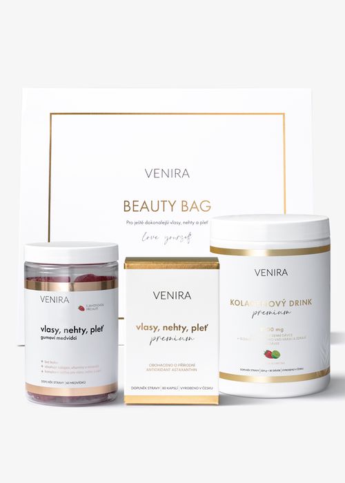 VENIRA beauty bag, PREMIUM kolagenový drink jahoda-limetka + PREMIUM kapsle pro vlasy, nehty a pleť + gumoví medvídci pro vlasy