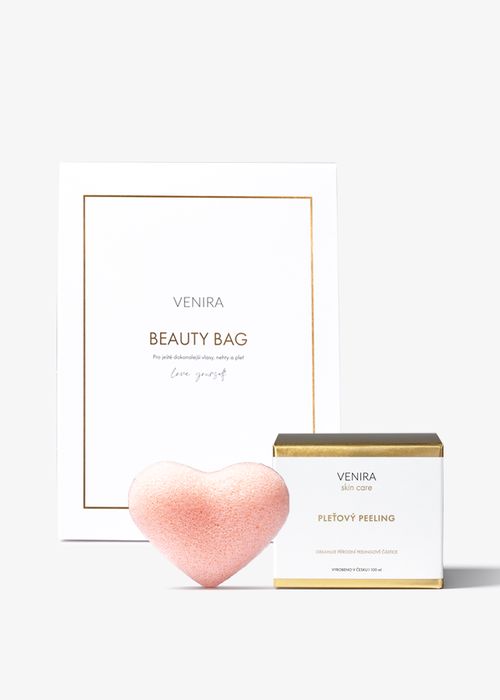 VENIRA beauty bag, pleťový peeling + konjaková houbička pro velmi citlivou pleť