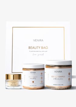 VENIRA beauty bag, sůl do koupele, meruňkový tělový peeling, kokosový peeling na rty